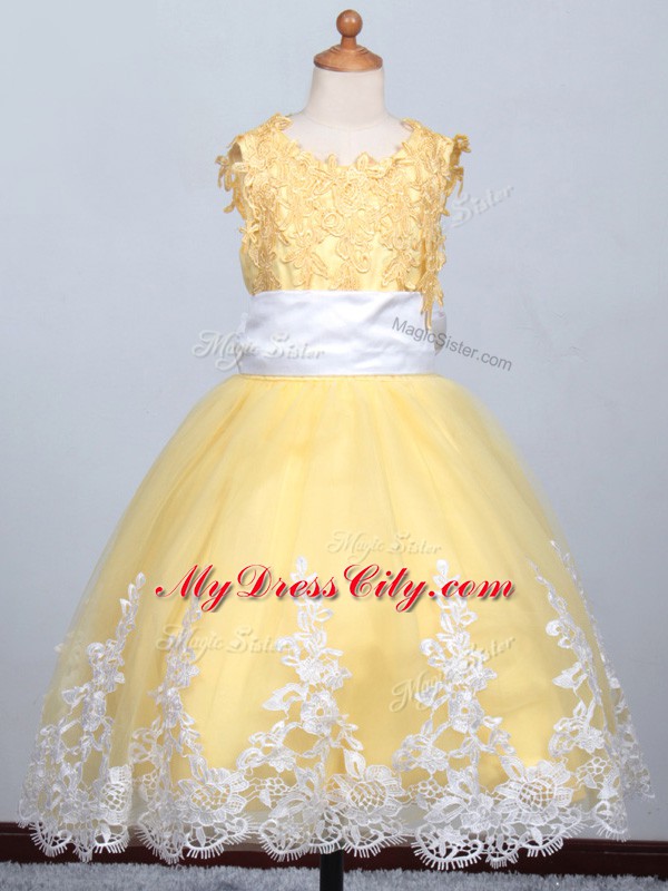 Yellow Lace Up Flower Girl Dress Appliques Sleeveless Floor Length