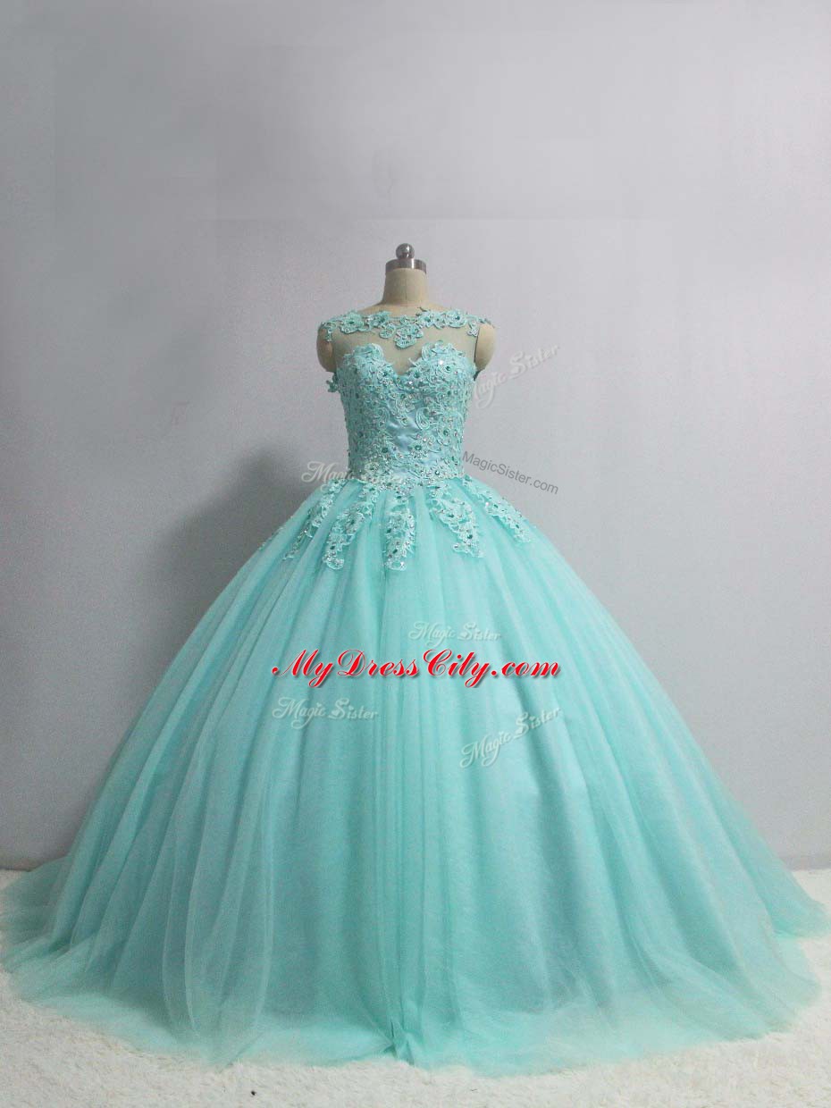 Aqua Blue Sleeveless Floor Length Appliques Lace Up Vestidos de Quinceanera