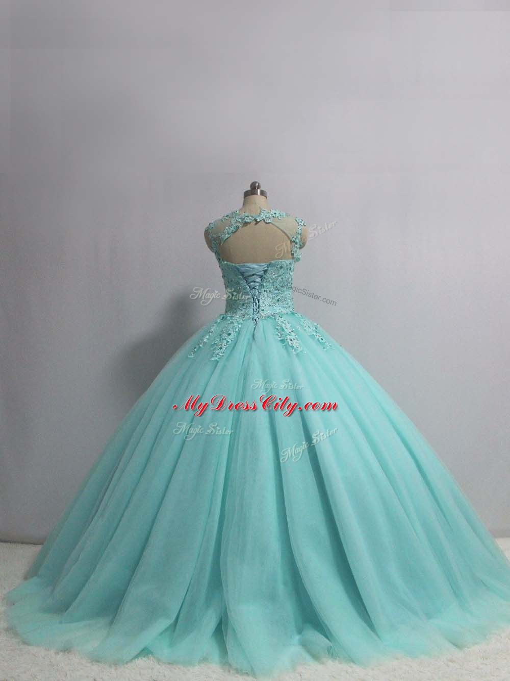 Aqua Blue Sleeveless Floor Length Appliques Lace Up Vestidos de Quinceanera