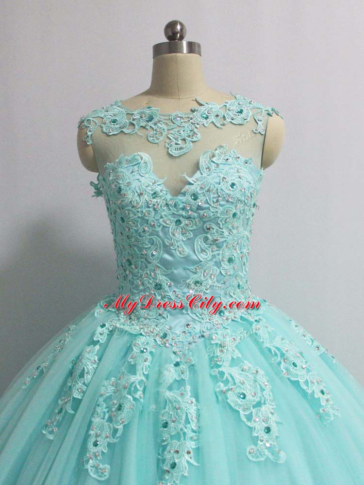 Aqua Blue Sleeveless Floor Length Appliques Lace Up Vestidos de Quinceanera