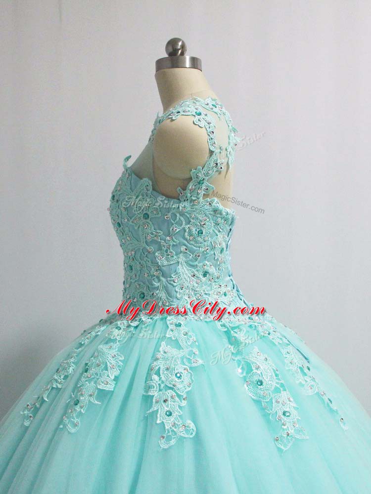 Aqua Blue Sleeveless Floor Length Appliques Lace Up Vestidos de Quinceanera