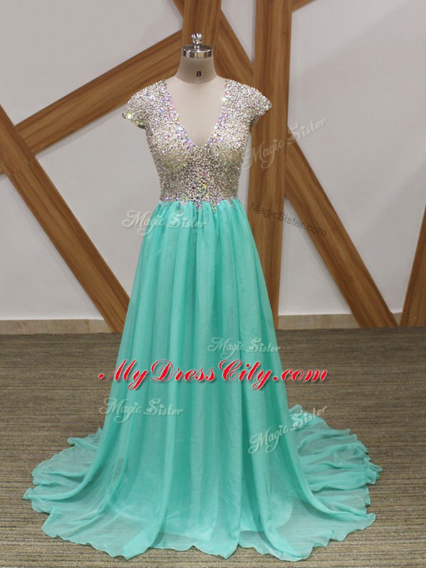 Apple Green Short Sleeves Beading Backless Evening Gowns