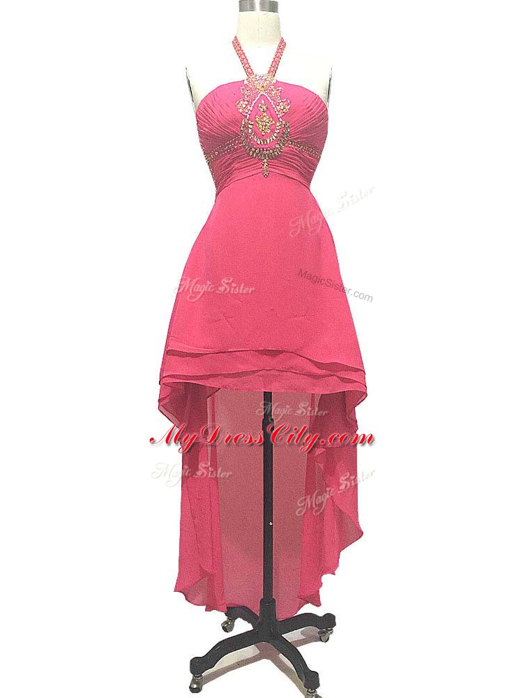 Hot Pink Halter Top Backless Beading Dress for Prom Sleeveless