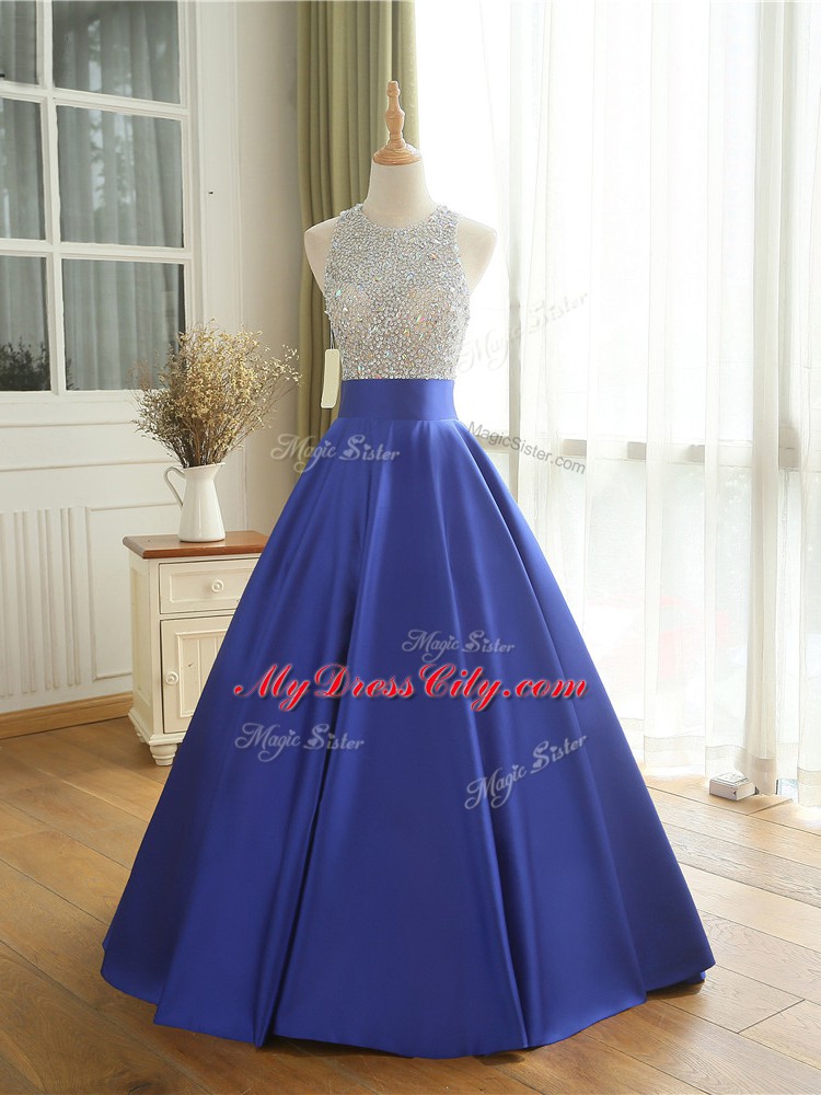 Fantastic Blue Sleeveless Beading Floor Length Dress for Prom