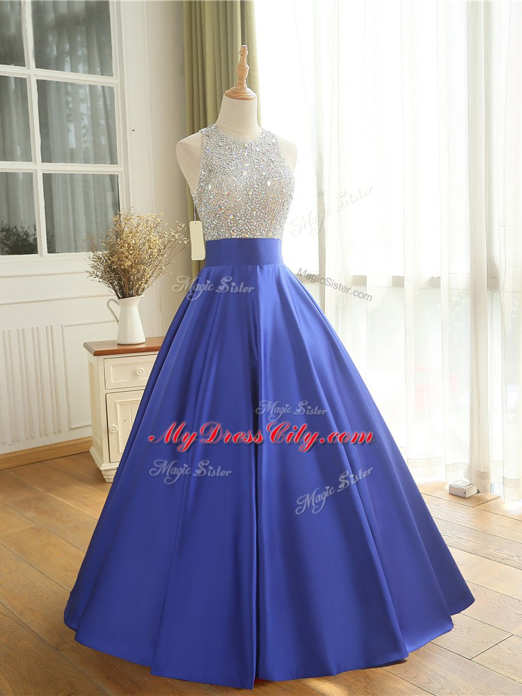 Fantastic Blue Sleeveless Beading Floor Length Dress for Prom