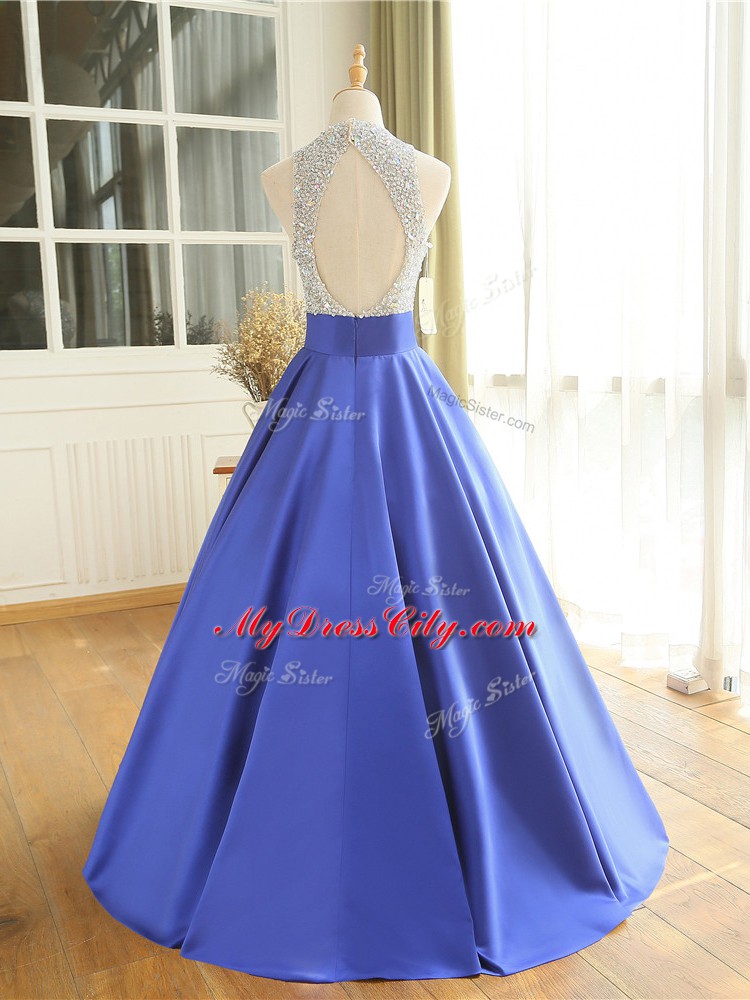 Fantastic Blue Sleeveless Beading Floor Length Dress for Prom