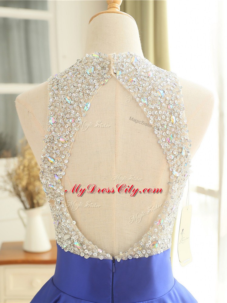 Fantastic Blue Sleeveless Beading Floor Length Dress for Prom