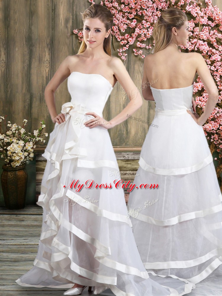 White Backless Wedding Dresses Ruffled Layers and Belt Sleeveless Sweep Train