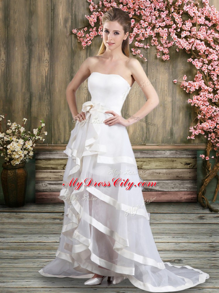 White Backless Wedding Dresses Ruffled Layers and Belt Sleeveless Sweep Train