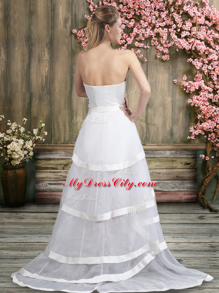 White Backless Wedding Dresses Ruffled Layers and Belt Sleeveless Sweep Train