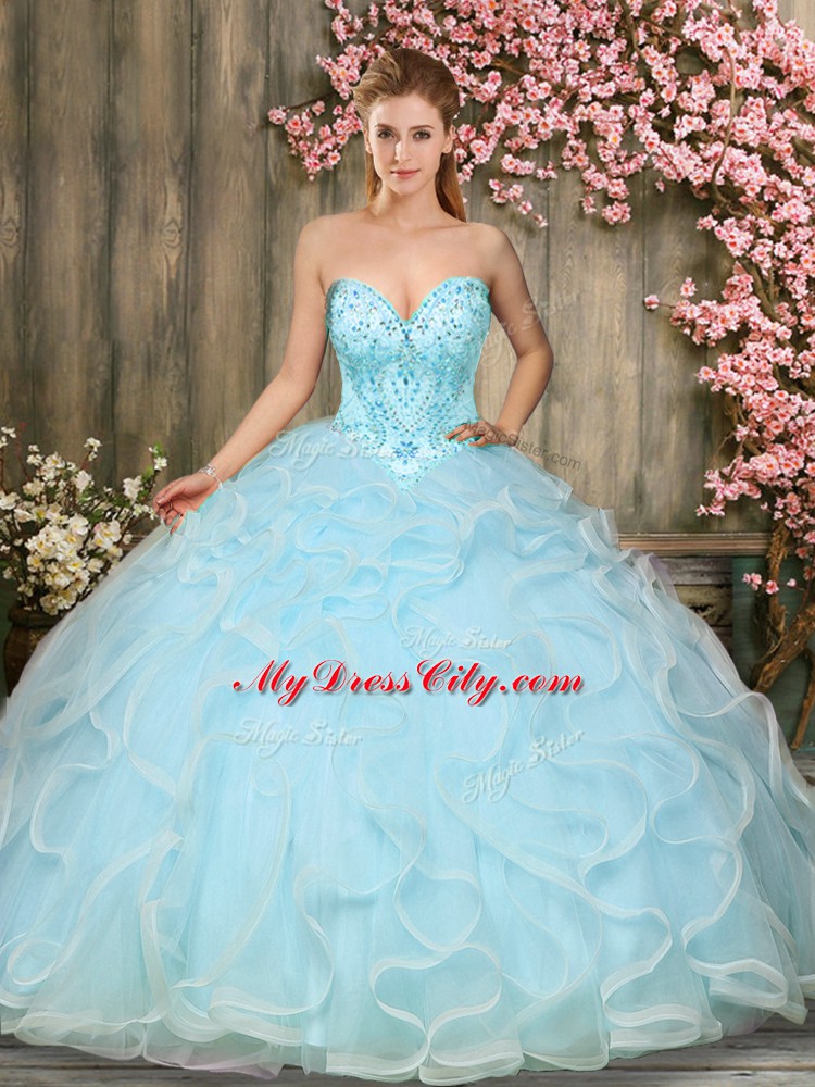 Aqua Blue Lace Up 15 Quinceanera Dress Beading and Ruffles Sleeveless Floor Length