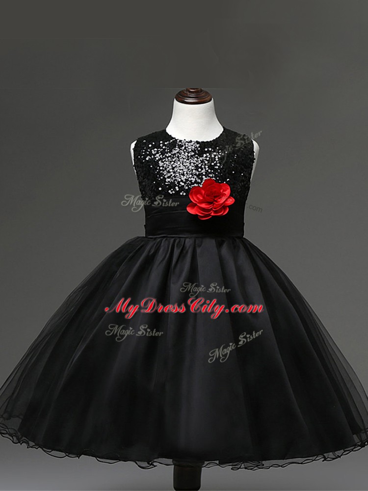 Fantastic Sleeveless Zipper Knee Length Sequins and Hand Made Flower Flower Girl Dress