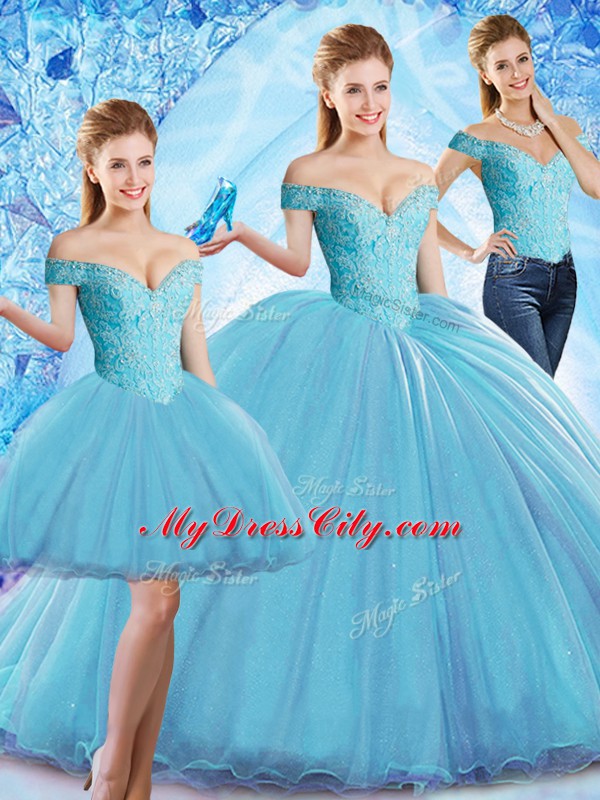 Baby Blue Quinceanera Dresses Military Ball and Sweet 16 and Quinceanera with Beading Off The Shoulder Sleeveless Sweep Train Lace Up