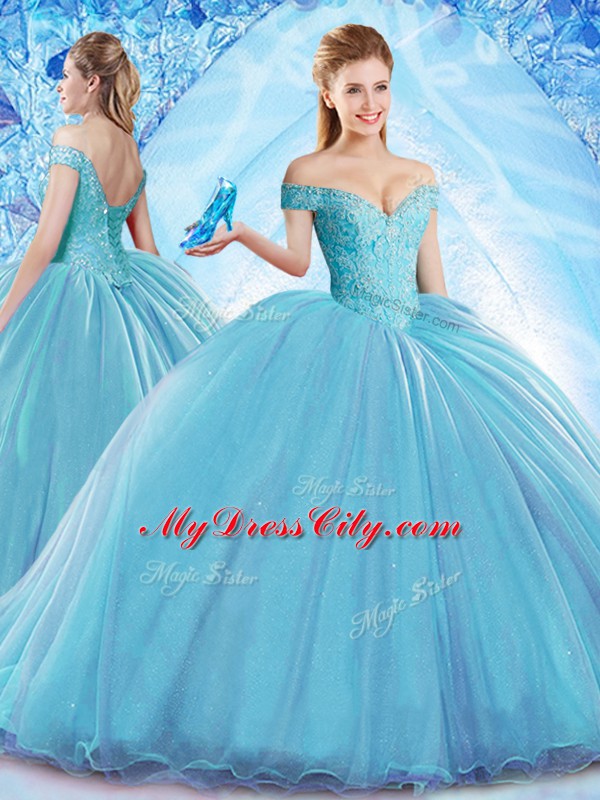 Baby Blue Quinceanera Dresses Military Ball and Sweet 16 and Quinceanera with Beading Off The Shoulder Sleeveless Sweep Train Lace Up