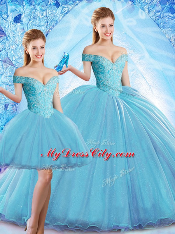 Baby Blue Quinceanera Dresses Military Ball and Sweet 16 and Quinceanera with Beading Off The Shoulder Sleeveless Sweep Train Lace Up