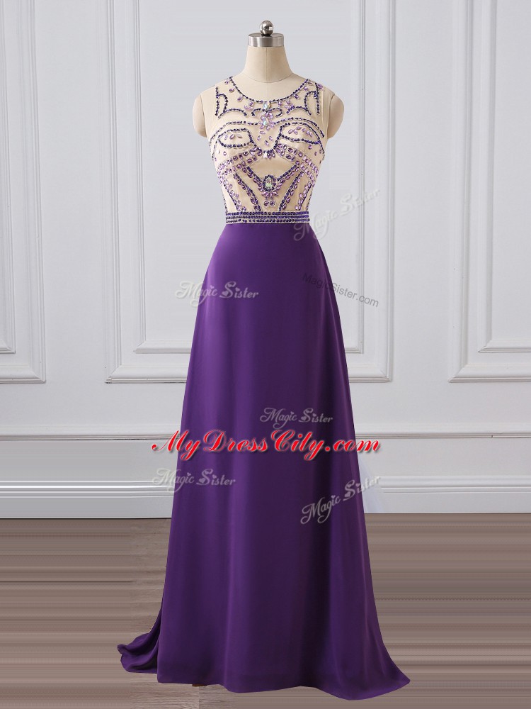 Customized Scoop Sleeveless Custom Made Pageant Dress Brush Train Beading Purple Chiffon