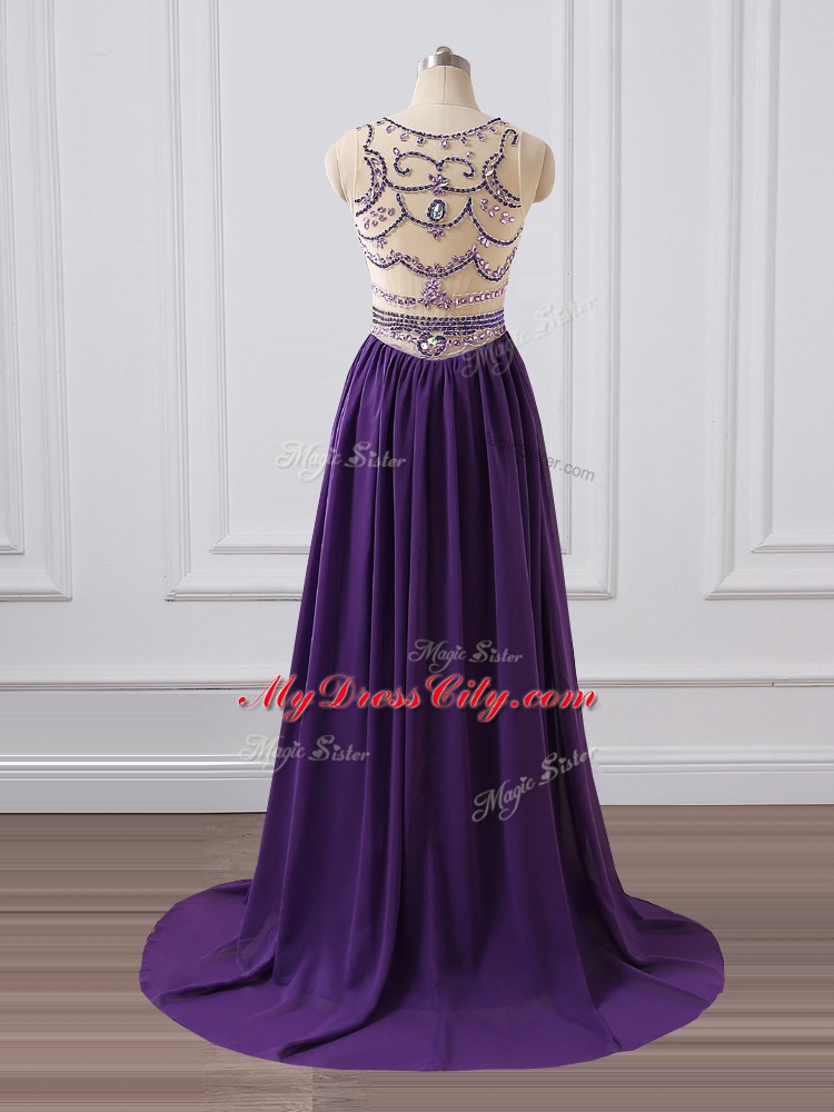 Customized Scoop Sleeveless Custom Made Pageant Dress Brush Train Beading Purple Chiffon