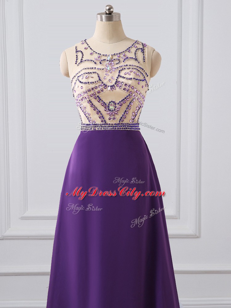 Customized Scoop Sleeveless Custom Made Pageant Dress Brush Train Beading Purple Chiffon