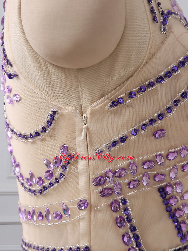 Customized Scoop Sleeveless Custom Made Pageant Dress Brush Train Beading Purple Chiffon