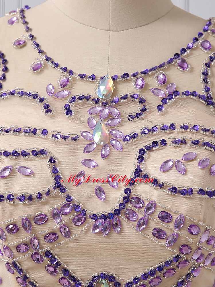 Customized Scoop Sleeveless Custom Made Pageant Dress Brush Train Beading Purple Chiffon