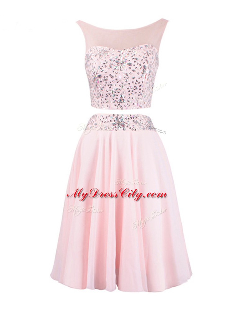 Perfect Baby Pink Empire Scoop Sleeveless Organza Knee Length Zipper Beading Prom Dress