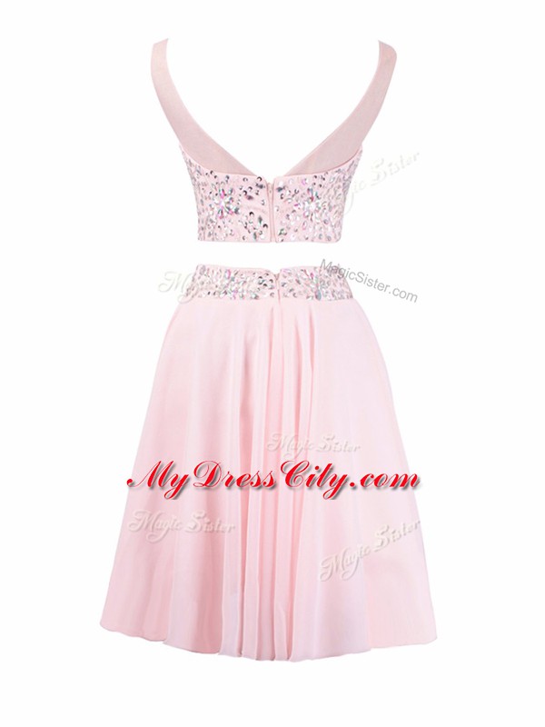 Perfect Baby Pink Empire Scoop Sleeveless Organza Knee Length Zipper Beading Prom Dress