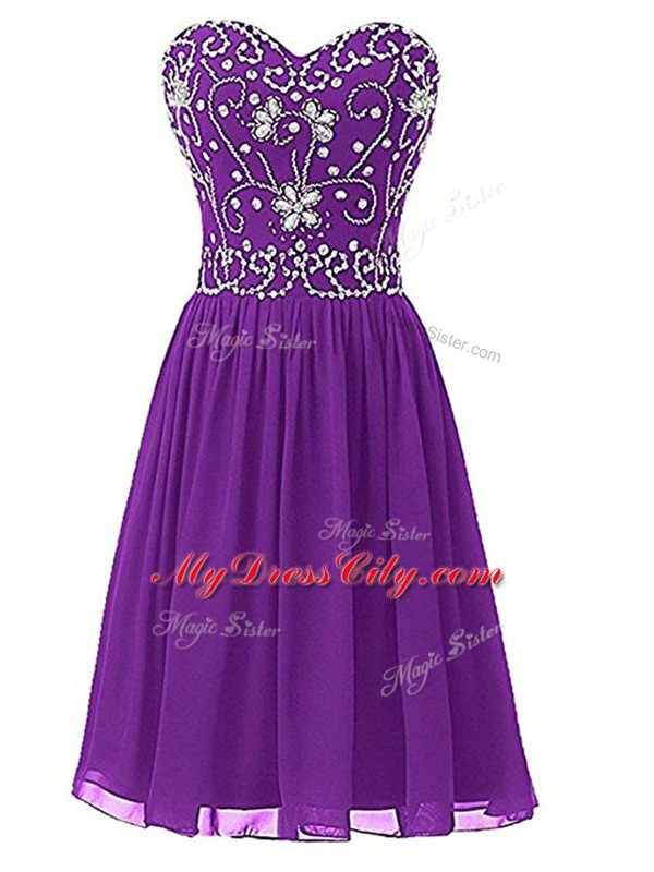 Fabulous Sleeveless Knee Length Beading Zipper Winning Pageant Gowns with Eggplant Purple