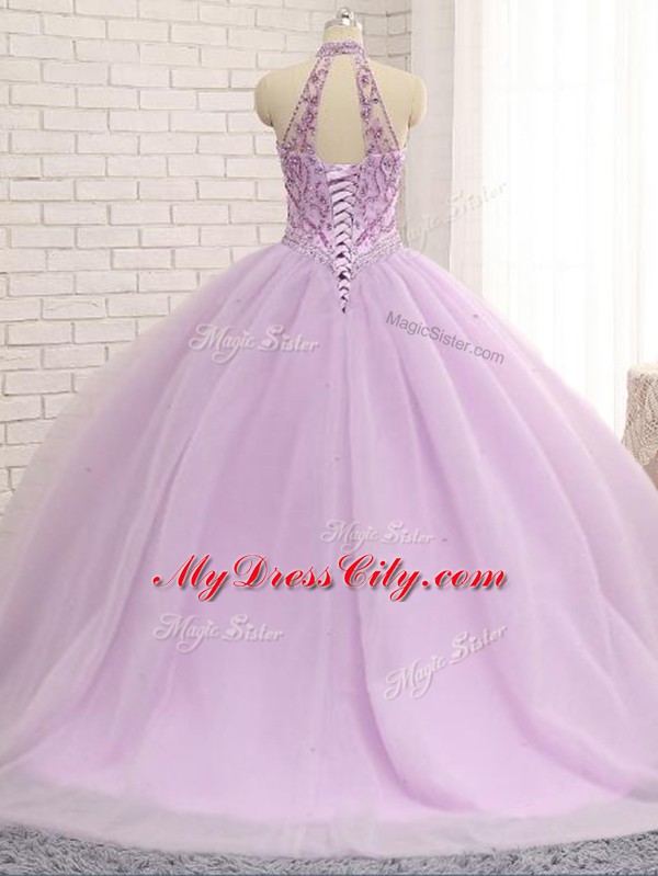 Lilac Halter Top Neckline Beading Sweet 16 Dress Sleeveless Lace Up