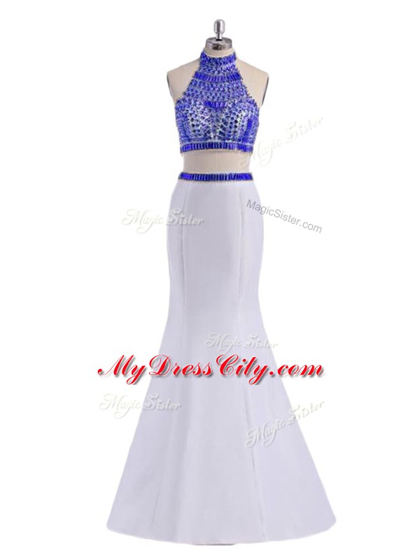 Modern White Criss Cross Halter Top Beading Prom Gown Satin Sleeveless