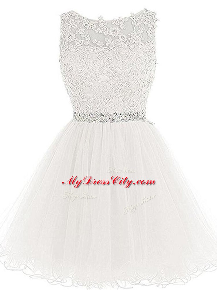 Pretty White Tulle Lace Up Prom Dress Sleeveless Mini Length Beading and Lace and Appliques