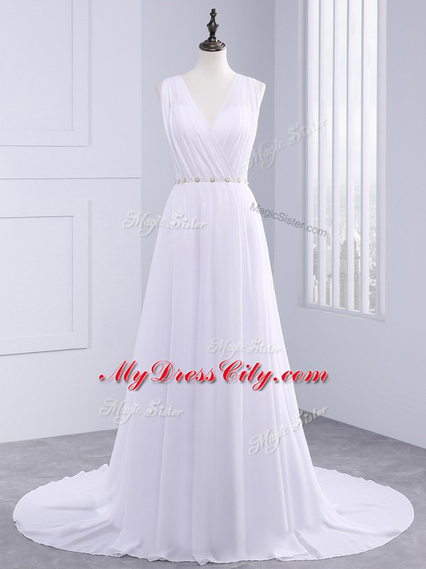 Fancy White Backless Wedding Dresses Beading and Ruching Sleeveless Brush Train