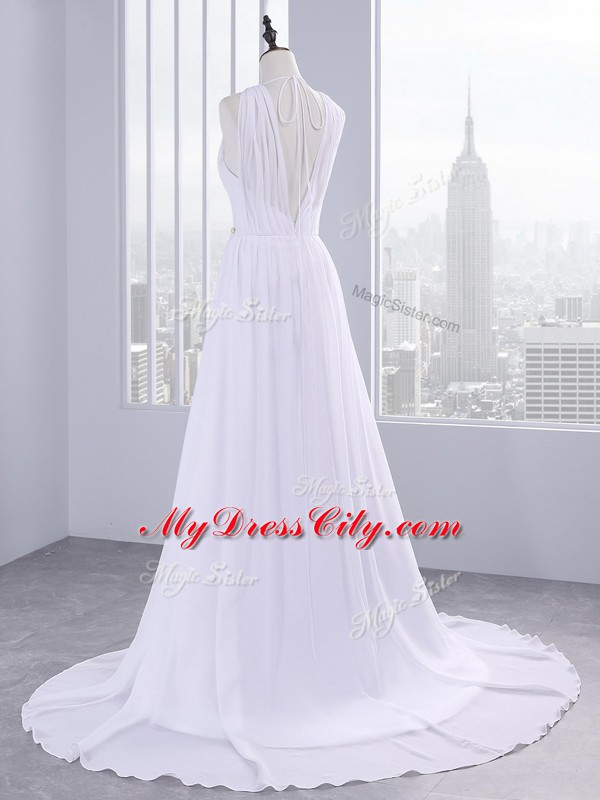 Fancy White Backless Wedding Dresses Beading and Ruching Sleeveless Brush Train