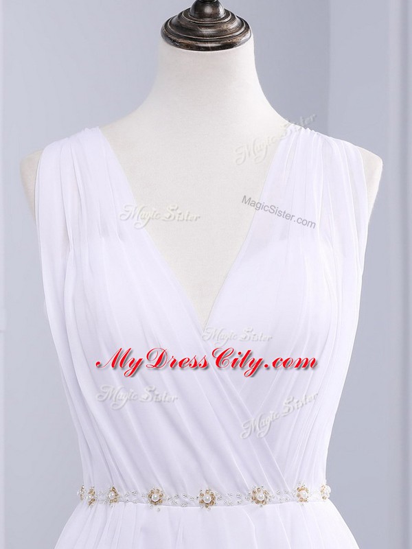 Fancy White Backless Wedding Dresses Beading and Ruching Sleeveless Brush Train