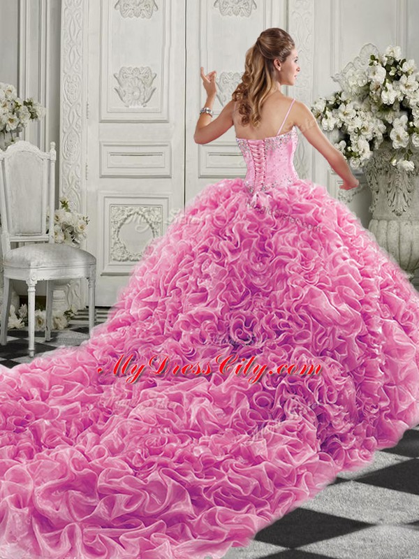 Lilac Lace Up Sweetheart Beading and Ruffles Quinceanera Gowns Organza Sleeveless Court Train