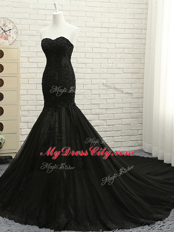 Low Price Black Lace Up Sweetheart Lace and Appliques Evening Party Dresses Tulle Sleeveless Court Train