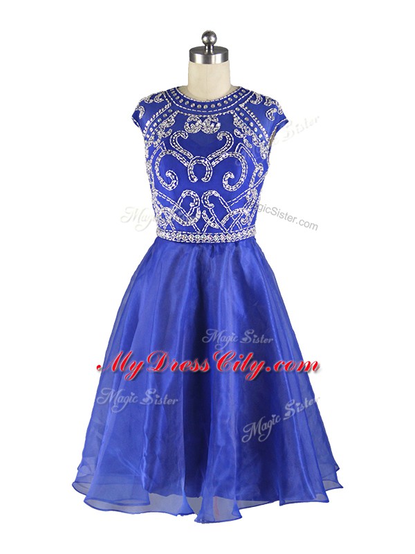 Mini Length Blue Prom Dresses Organza Cap Sleeves Beading