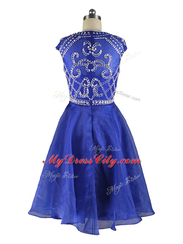 Mini Length Blue Prom Dresses Organza Cap Sleeves Beading