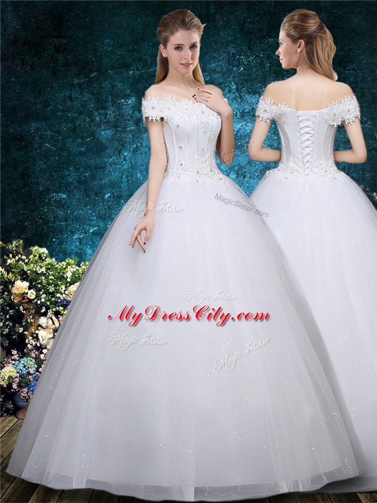 Clearance White Organza Lace Up Wedding Gowns Cap Sleeves Floor Length Beading and Appliques