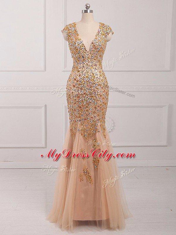 Champagne V-neck Neckline Beading Cap Sleeves Backless