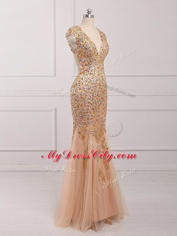 Champagne V-neck Neckline Beading Cap Sleeves Backless