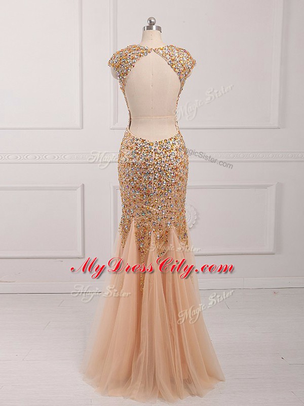 Champagne V-neck Neckline Beading Cap Sleeves Backless