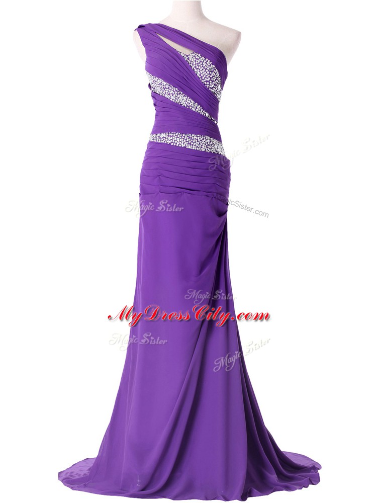 Glamorous Lace Up Evening Outfits Purple and In with Beading and Ruching Brush Train