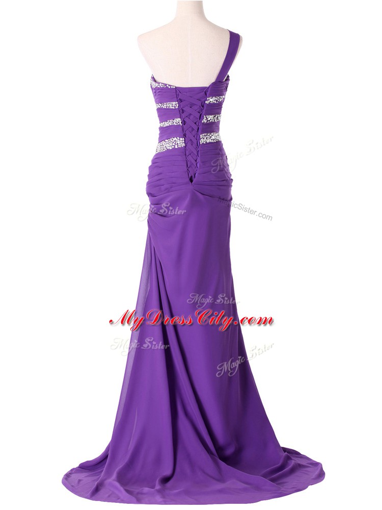 Glamorous Lace Up Evening Outfits Purple and In with Beading and Ruching Brush Train