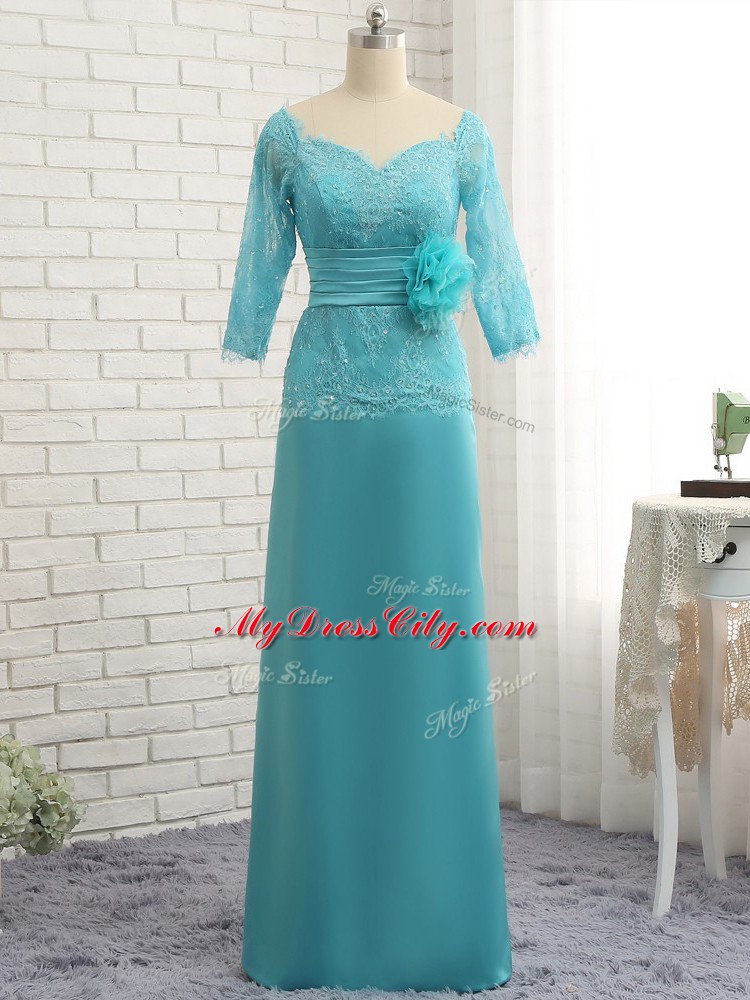 Chiffon Sweetheart 3 4 Length Sleeve Zipper Lace and Appliques Mother of Bride Dresses in Baby Blue