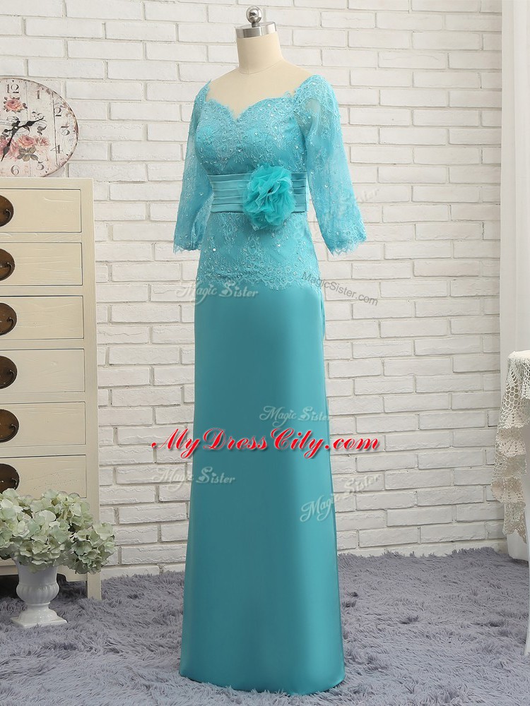 Chiffon Sweetheart 3 4 Length Sleeve Zipper Lace and Appliques Mother of Bride Dresses in Baby Blue