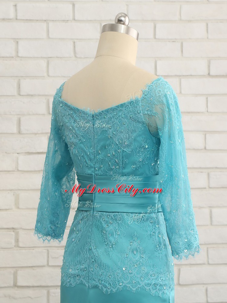 Chiffon Sweetheart 3 4 Length Sleeve Zipper Lace and Appliques Mother of Bride Dresses in Baby Blue