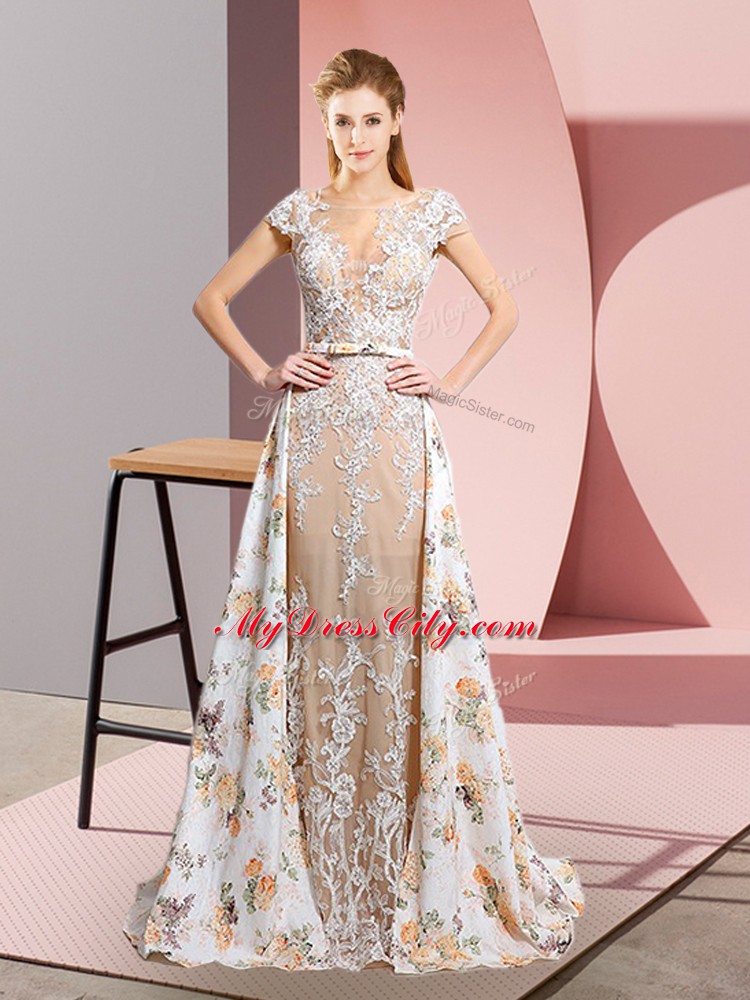 Excellent White Backless Scoop Lace and Appliques Evening Dress Chiffon Short Sleeves Brush Train