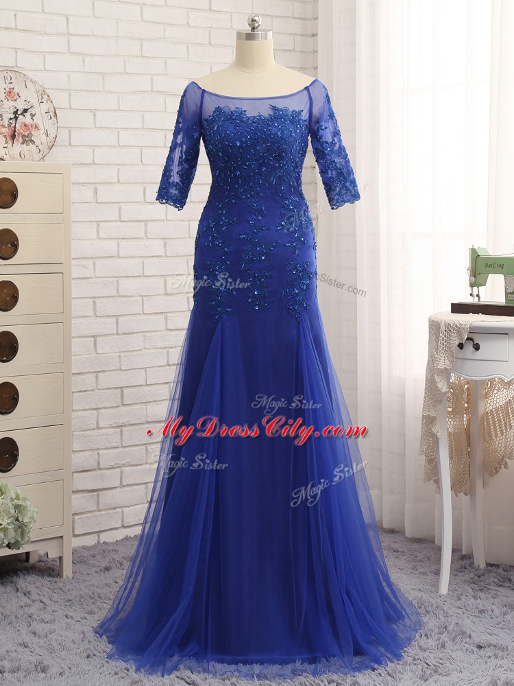 Royal Blue Half Sleeves Lace and Appliques Zipper Mother of Groom Dress