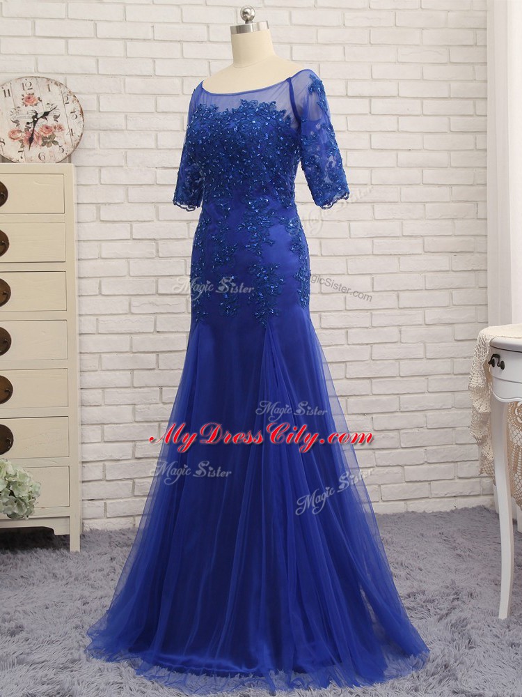 Royal Blue Half Sleeves Lace and Appliques Zipper Mother of Groom Dress