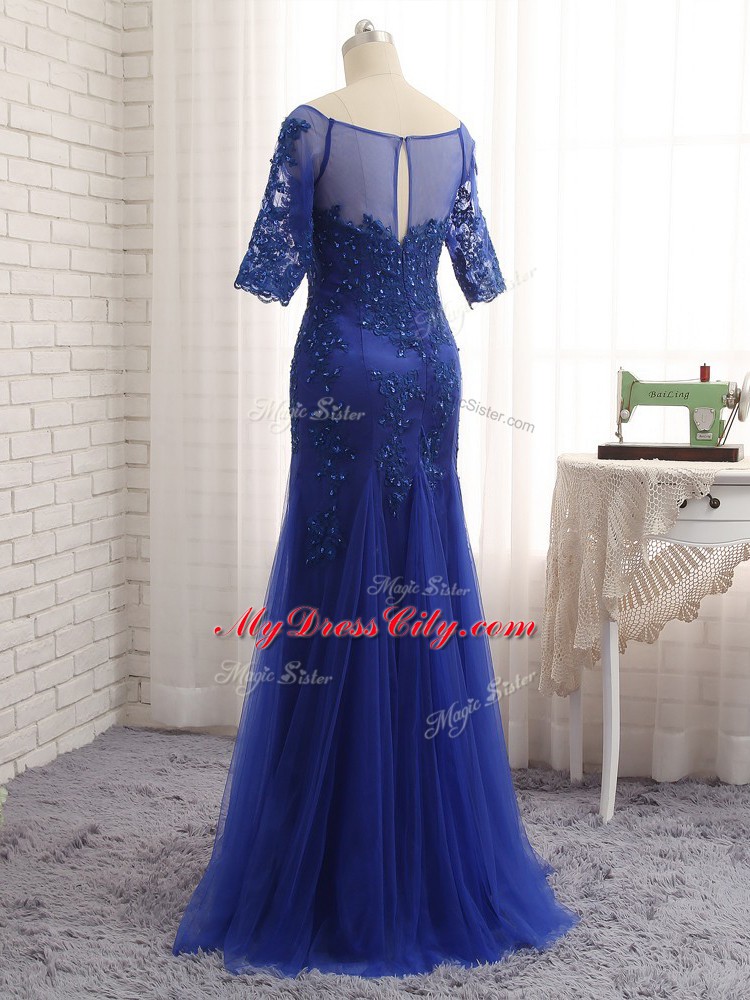 Royal Blue Half Sleeves Lace and Appliques Zipper Mother of Groom Dress